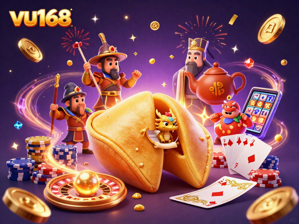 Experience exhilaration with vu168's dynamic gaming scene featuring fortune elements and vibrant casino visuals.