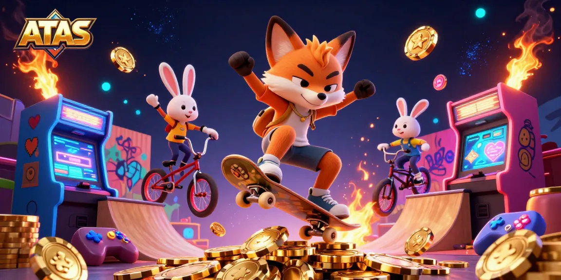 Experience thrilling gameplay with ATAS as you watch a skateboarder fox and BMX-riding rabbit in action, surrounded by casino excitement.