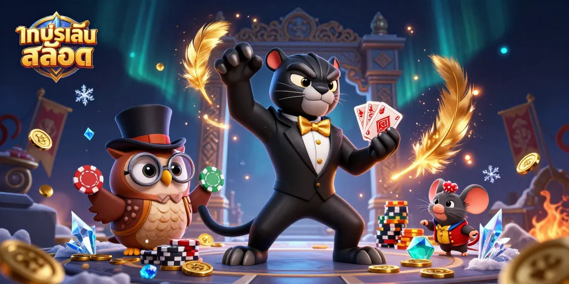 Engage in ทดลองเล่นสล็อต with a stylish cartoon panther, owl, and lucky mouse at a vibrant casino scene.
