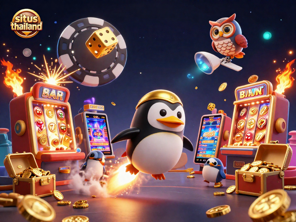 Situs Thailand showing golden penguin fly past casino space station with slot machine jackpots and coins.