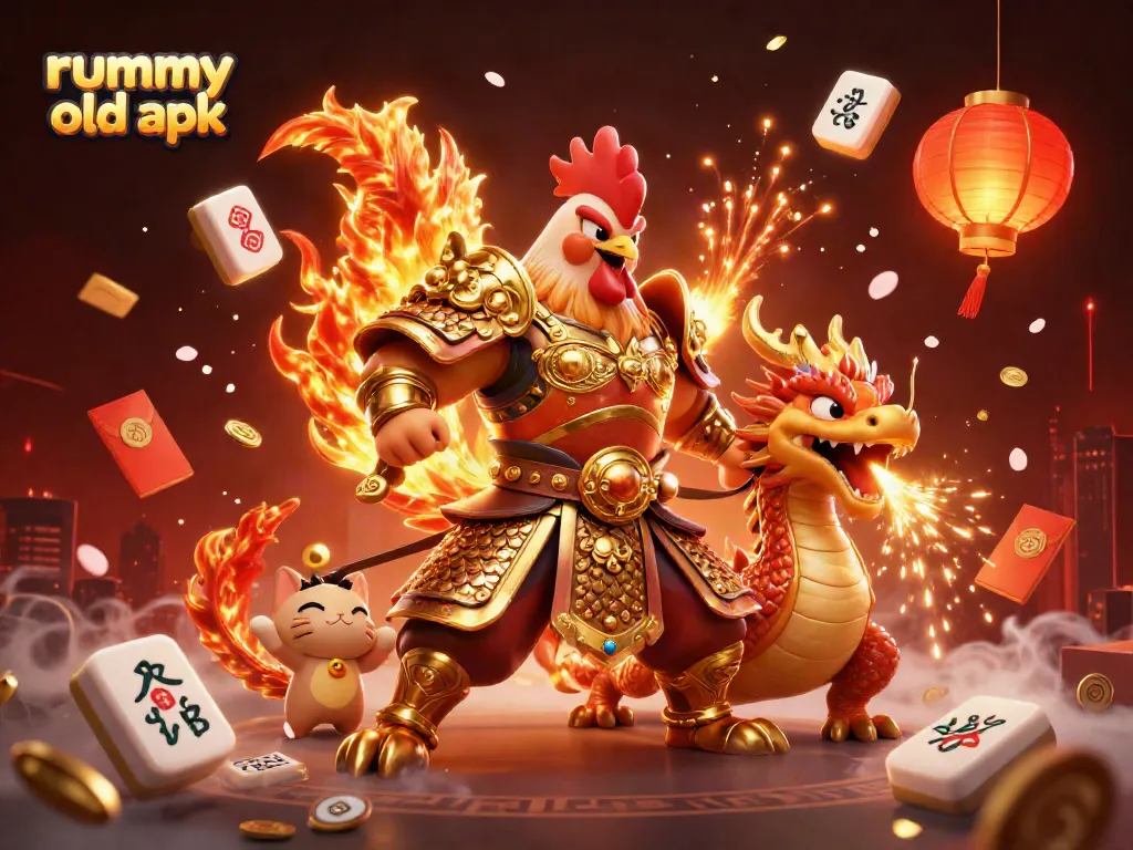 Gambar rummy old apk dengan petarung ayam 3D dan naga berapi di lingkungan kasino yang cerah.