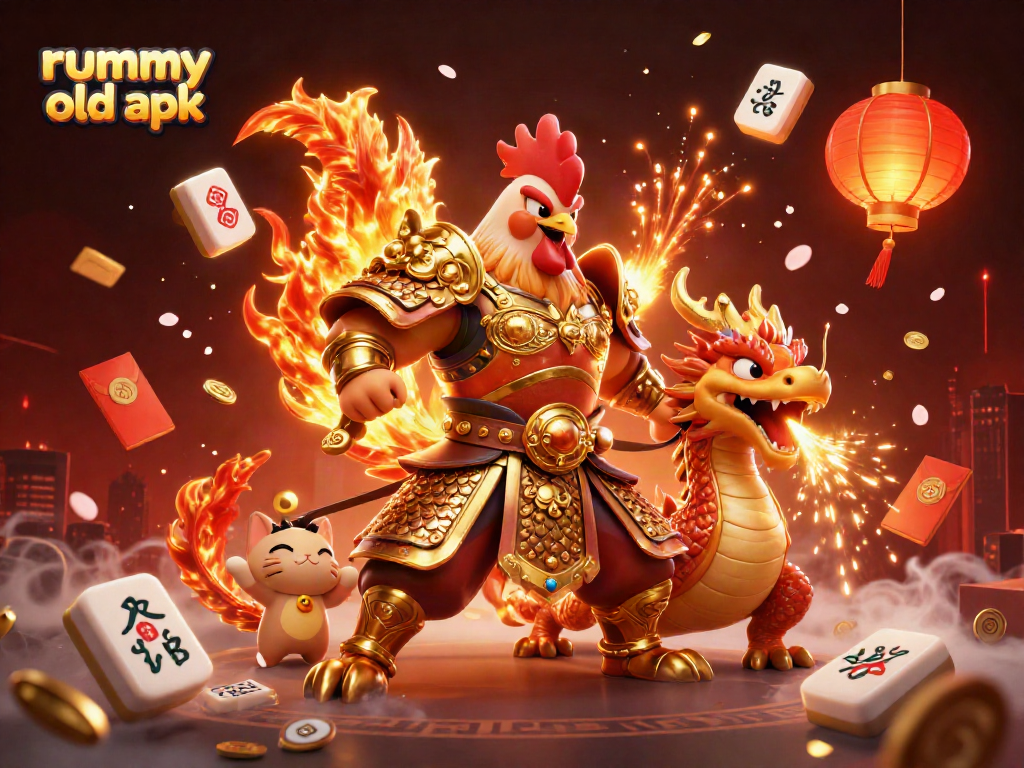 Gambar rummy old apk dengan petarung ayam 3D dan naga berapi di lingkungan kasino yang cerah.