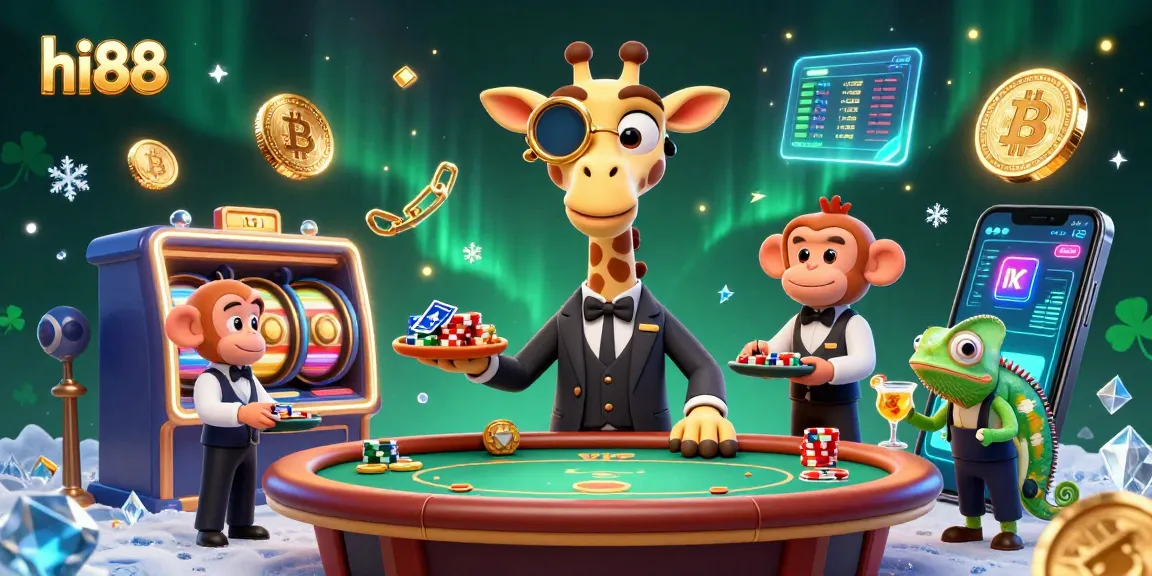 Bet on exciting games at hi88 with a vibrant casino scene featuring a giraffe, monkey, and chameleon.