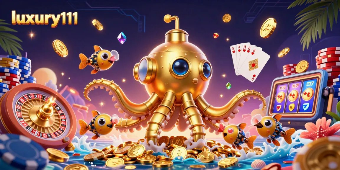 Experience thrilling gameplay with luxury111, featuring a golden kraken submarine amidst sparkling casino elements.