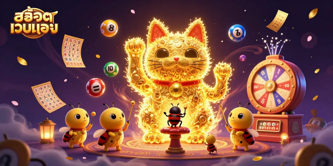 Experience สล็อตเว็บตรง with a colorful, dynamic scene featuring a lucky cat and lottery elements.