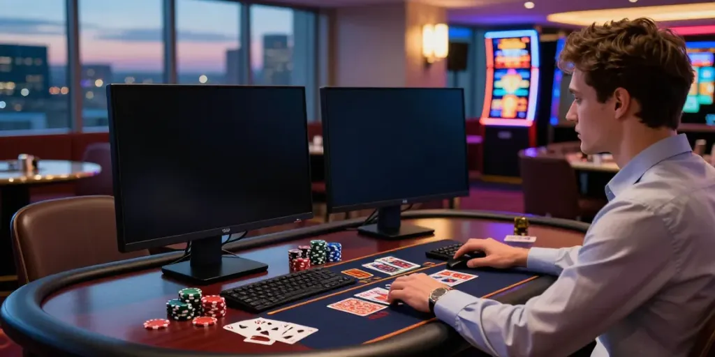 Engaged player enjoying akunjp online gaming on sleek devices in vibrant casino atmosphere.