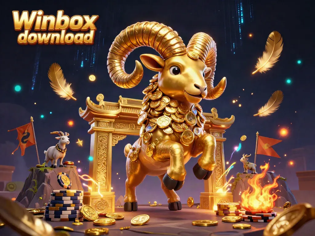 Engage with the vibrant Winbox download illustration featuring a golden ram charging, surrounded by casino elements.