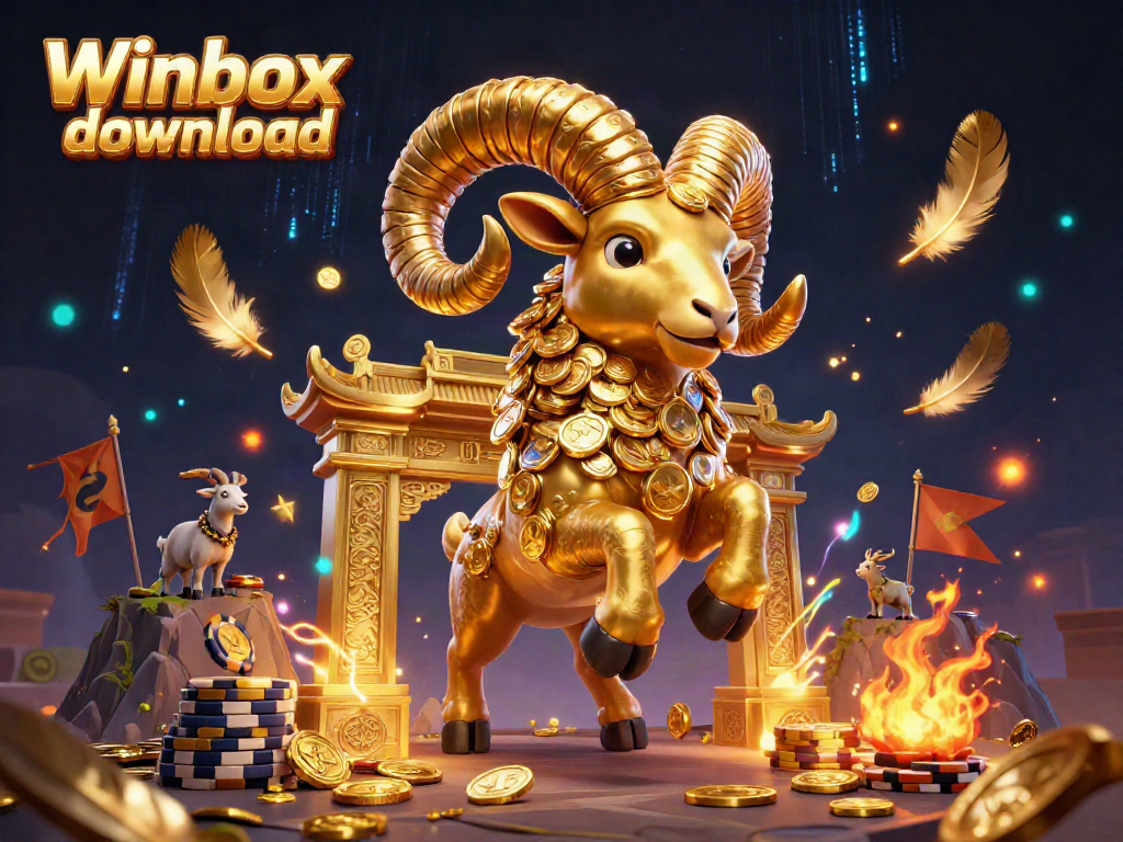 Engage with the vibrant Winbox download illustration featuring a golden ram charging, surrounded by casino elements.