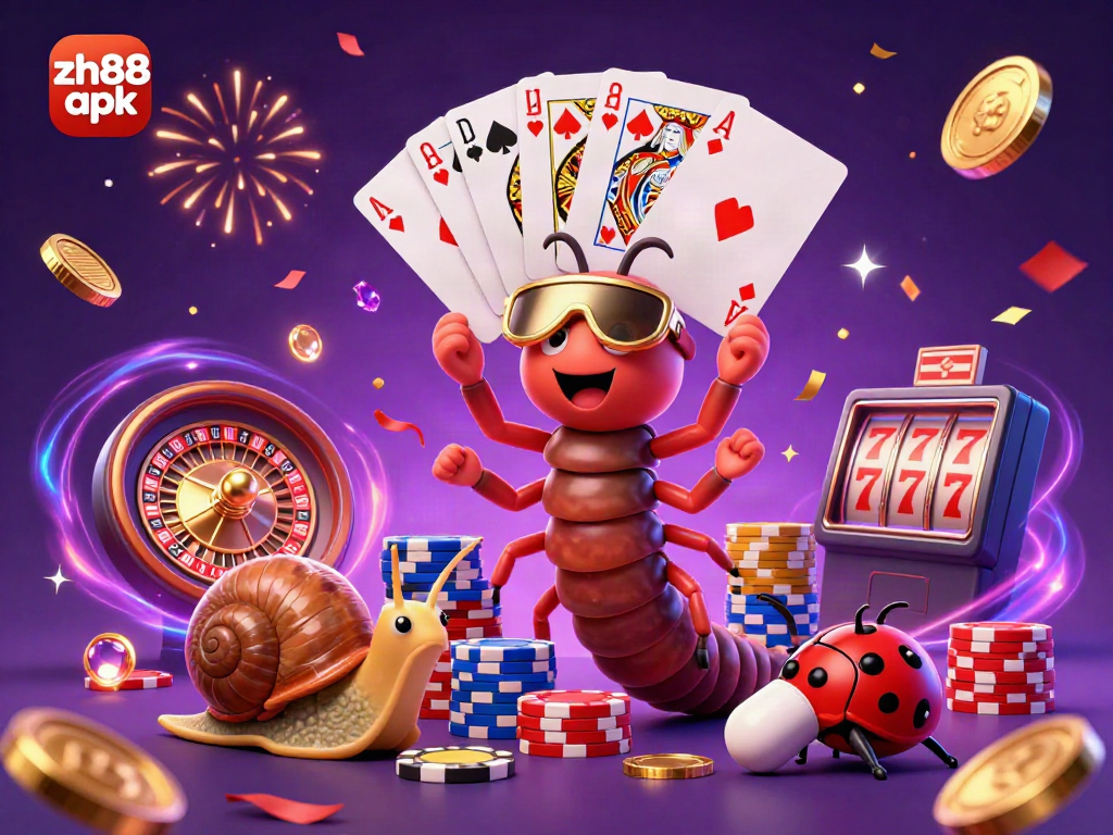 Experience the thrill of the zh88 apk with a vibrant scene featuring a millipede dealer and exciting casino elements.