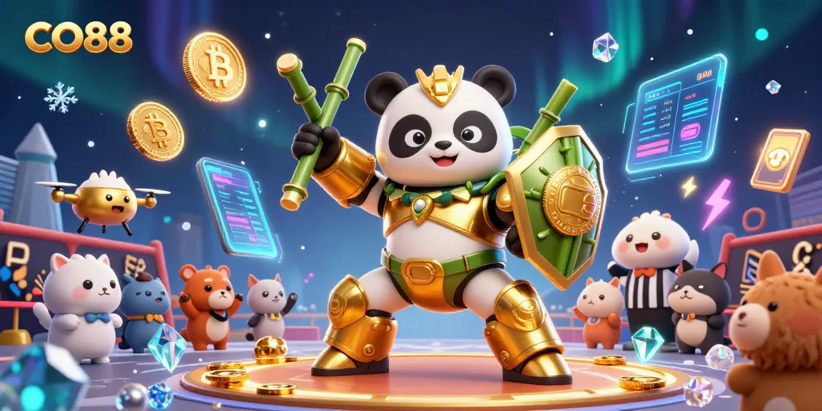 CO88 showcases a thrilling gambling scene with a mech-suit panda and vibrant crypto elements in action.