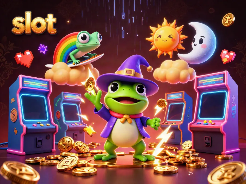 Spin the slot with golden coins in a magical casino atmosphere, featuring lively characters.