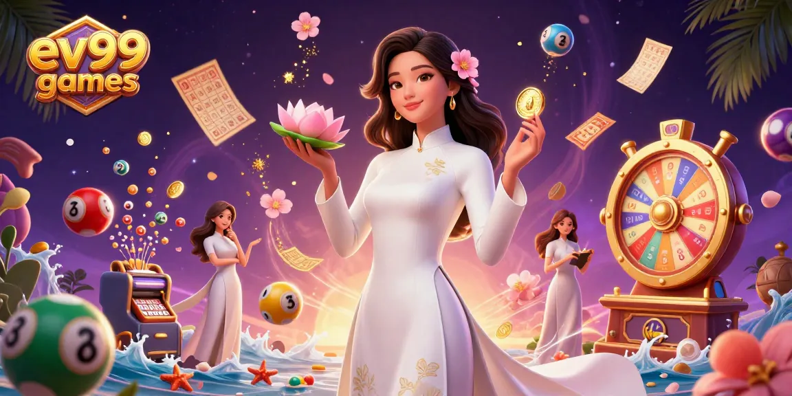 Engage in thrilling ev99 games with a captivating Asian lady amidst vibrant gambling elements.