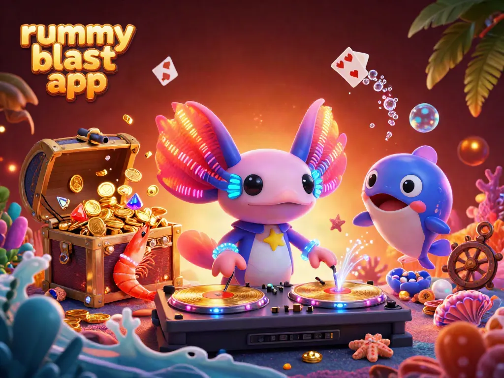 Engage with the rummy blast app as vibrant axolotl DJ spins fun at an underwater rummy party.
