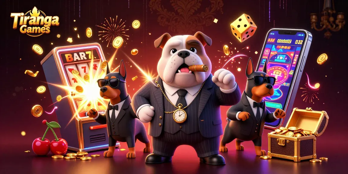 Tiranga Games featuring a 3D mafia bulldog, slot machines, and golden coins bursting with excitement