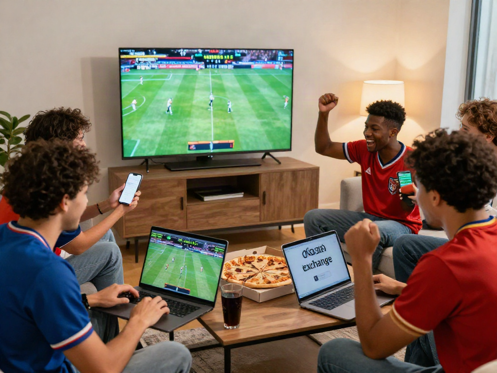 Friends cheering for sports betting on Playin exchange in modern living room with pizza and drinks.