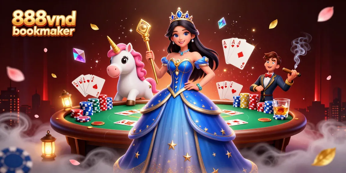 Engage with 888vnd bookmaker in this vibrant illustration showcasing casino elements and magical characters.
