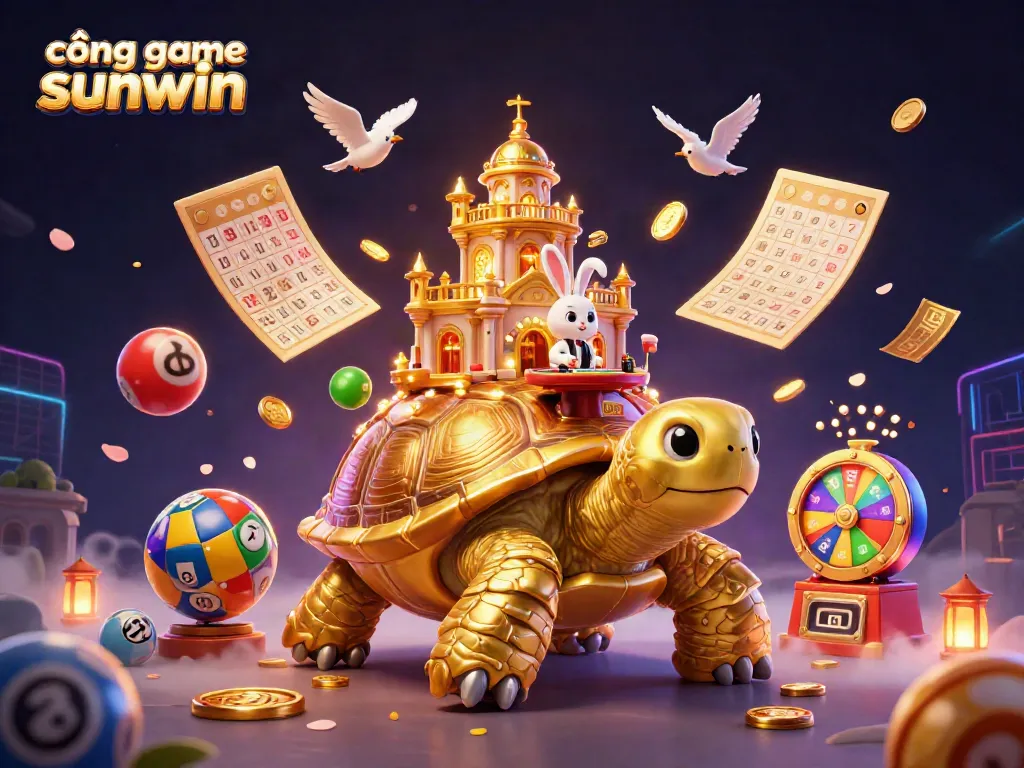 Engage with cổng game sunwin, featuring a vibrant 3D casino scene with a giant tortoise and dynamic game elements.