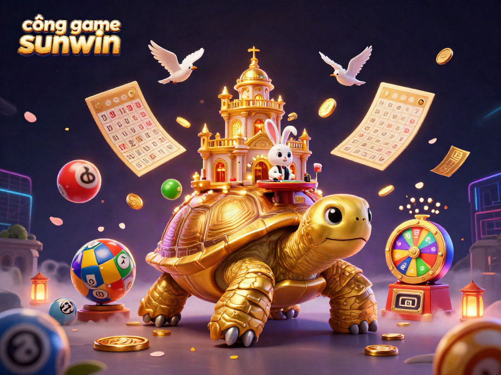 Engage with cổng game sunwin, featuring a vibrant 3D casino scene with a giant tortoise and dynamic game elements.