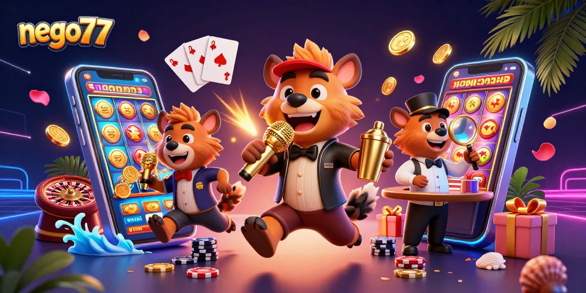 Experience the excitement of gambling at nego77 with vibrant slot games and lively casino characters.