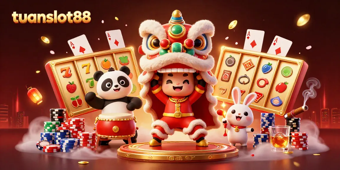 Menang di tuanslot88 dengan demontrasi karakter tarian singa dan elemen slot yang berwarna-warni.