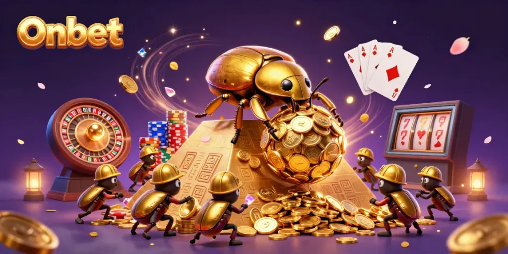 Experience thrilling gameplay at Onbet with stunning visuals of casino elements and dynamic characters.