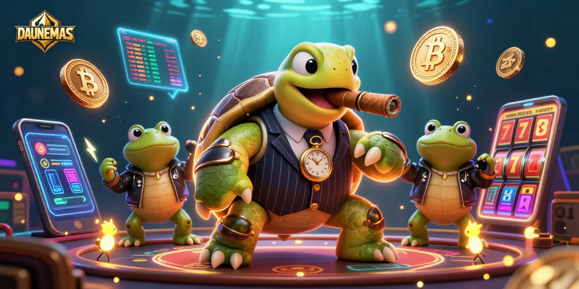 Experience the thrill of DAUNEMAS with this vibrant 3D casino illustration featuring unique characters and slot machines.