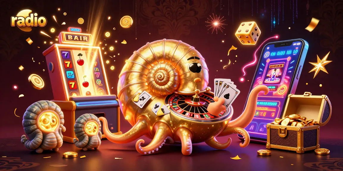 Experience the thrill of radio with a giant nautilus and dazzling casino elements in this vibrant illustration.