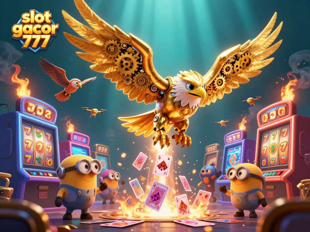 Experience the excitement of slot gacor 777 with a cybernetic golden eagle amidst cascading holographic elements.