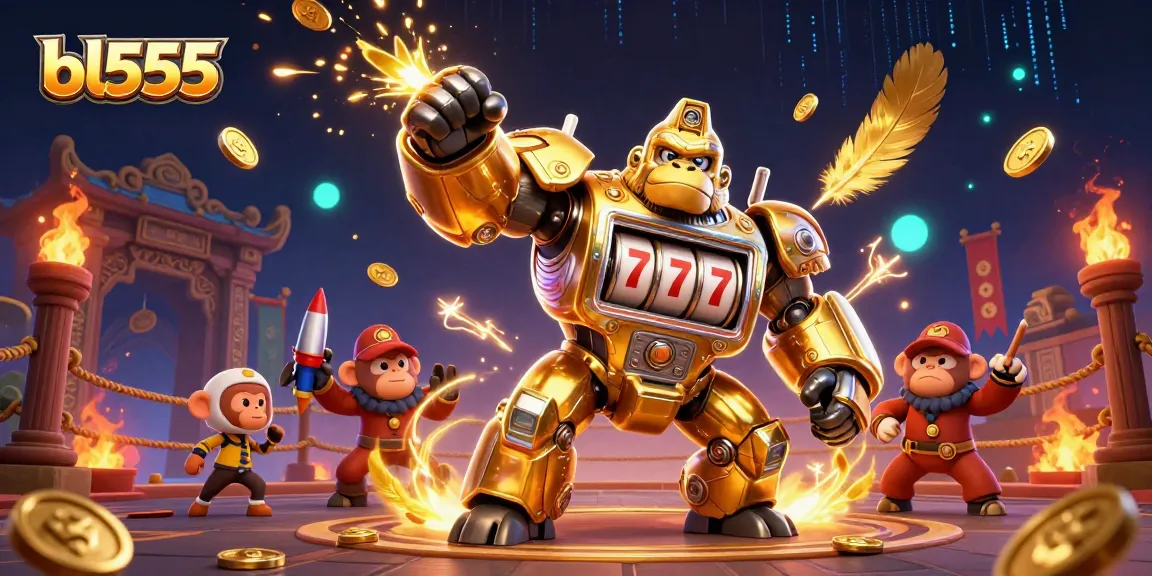 Engage with the vibrant action of bl555 as its golden gorilla mech bursts through coins and feathers.