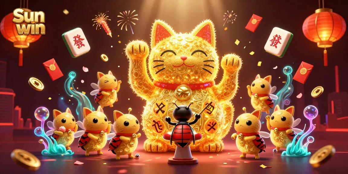 Experience luck with Sun win as golden fireflies create casino symbols in this vibrant illustration.