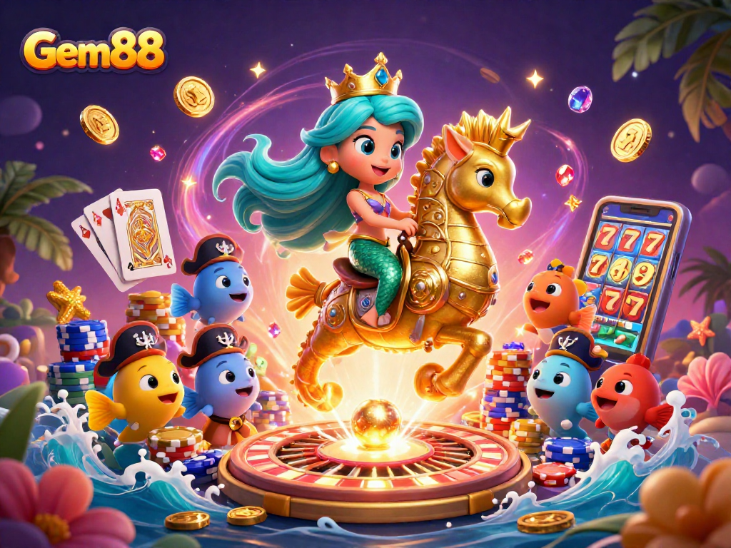Experience Gem88's vibrant gaming world with a mermaid princess amidst casino treasures.