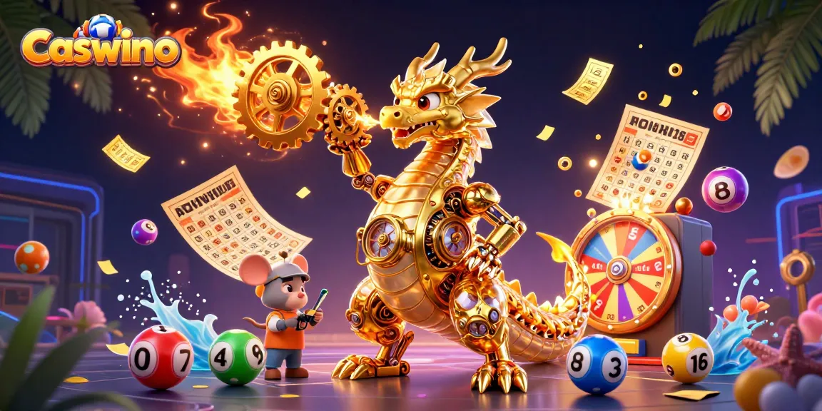 Experience the excitement of Caswino with a vibrant 3D depiction of casino games and rewards.