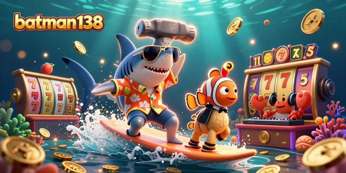 Temukan peluang menarik di batman138 dengan karakter kartun nelayan dan simbol slot.