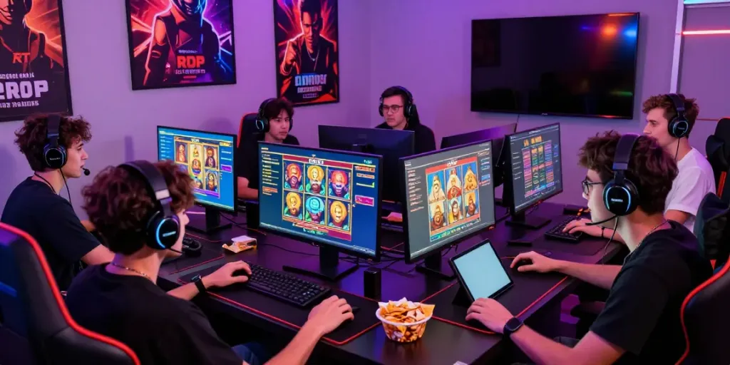 Friends enjoying a thrilling slot gacor thailand gaming session at a vibrant setup.