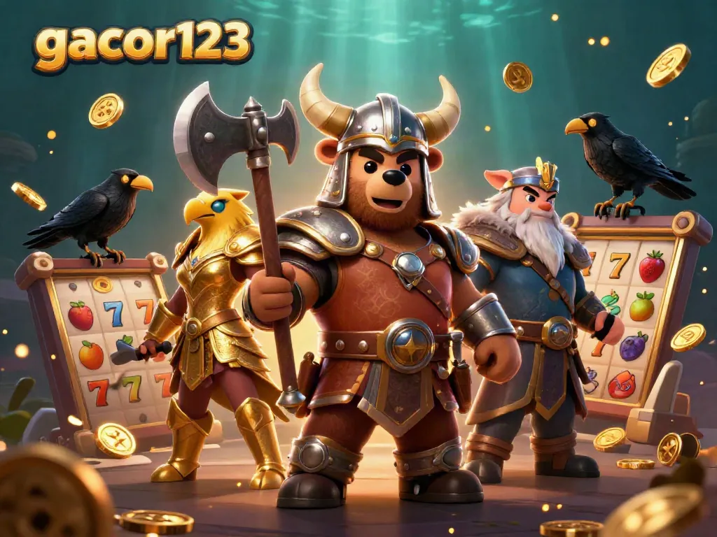 Experience the thrill of gacor123 with a Viking berserker bear and Valkyrie eagle amidst dynamic slot elements.