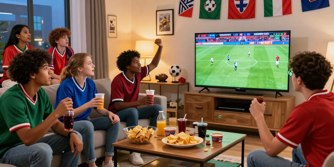 Fans watching a live football match, ضغط هنا للمشاهدة for today's games in an exciting atmosphere.