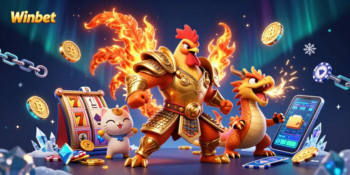 Winbet showcases a vibrant 3D casino scene with a rooster warrior and dragon, featuring exciting slot elements.