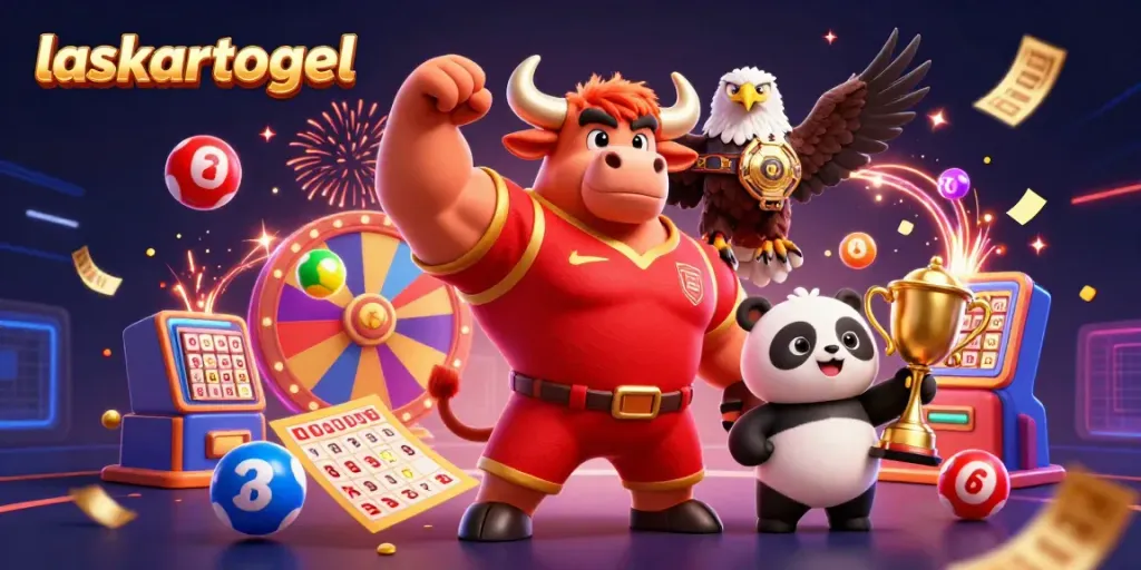 Engage with laskartogel’s winning moments in a lively casino scene featuring mascot characters and colorful lottery elements.