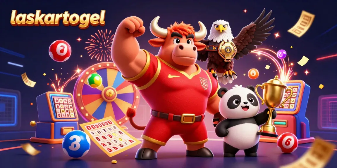 Engage with laskartogel’s winning moments in a lively casino scene featuring mascot characters and colorful lottery elements.