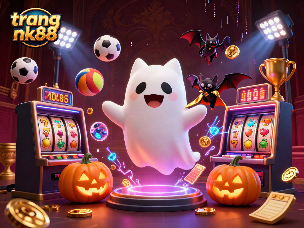 Engage with trang nk88's vibrant haunted casino illustration featuring playful ghost cat and sports elements.