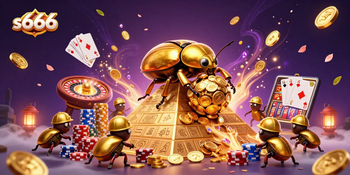 s666 casino experience with golden beetles, coins, and dynamic gaming elements in a vibrant 3D scene.