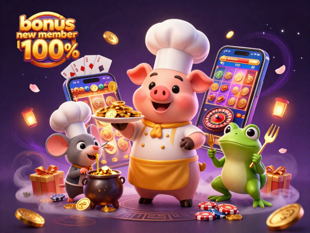 Experience the excitement with bonus new member 100% and vibrant casino elements swirling around.