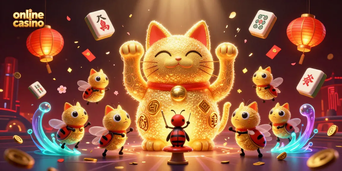 Experience the excitement of an online casino with a vibrant lucky cat scene filled with lively gambling elements.