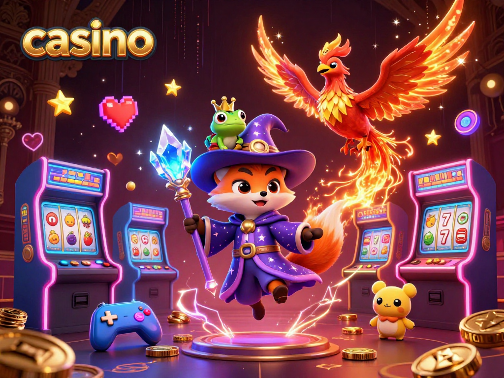 Engage with a lively casino scene featuring a wizard fox and phoenix amidst slot reels.