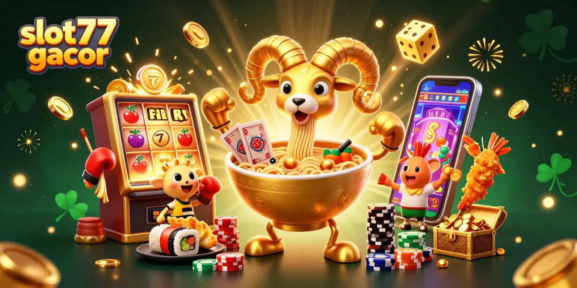 Experience exciting gameplay with slot77 gacor featuring giant ramen bowl characters and jackpot symbols.