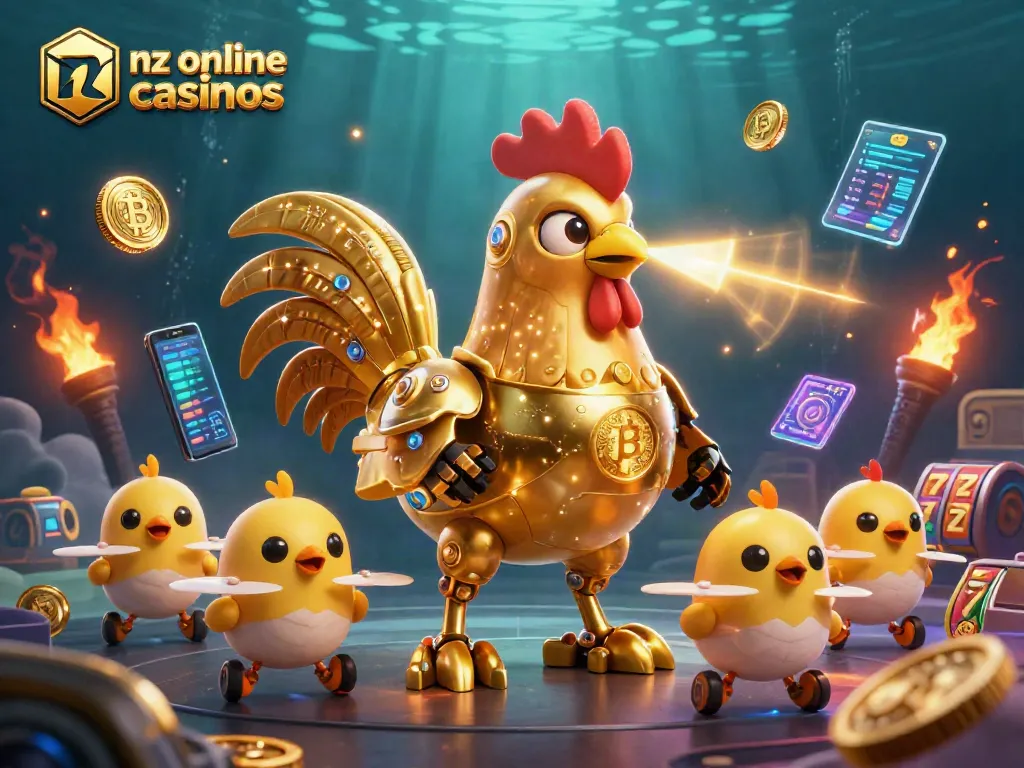Engage with nz online casinos featuring a golden rooster robot, Bitcoin, and jackpot elements in a vibrant casino atmosphere.