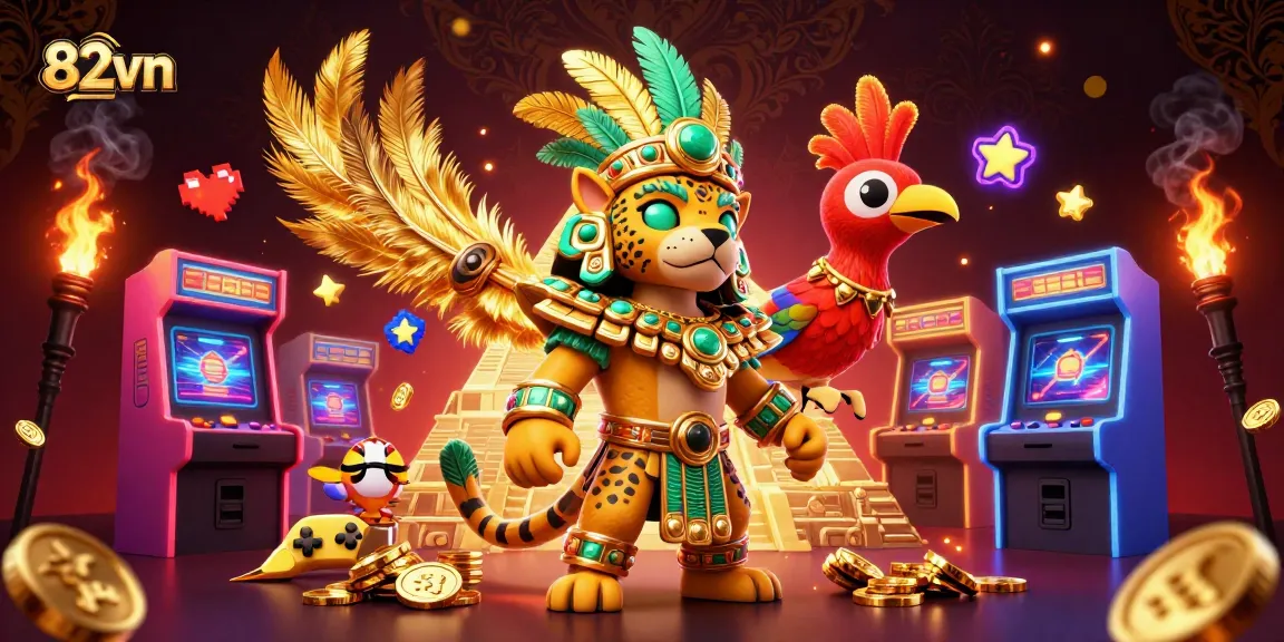 Engage with thrilling cockfighting action at 82vn, featuring vibrant illustrations of dynamic gambling elements.