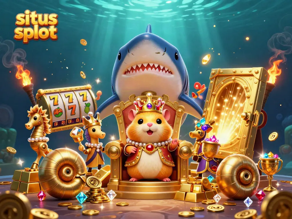 Situs slot themed illustration with a golden hamster king and treasure elements in an underwater casino