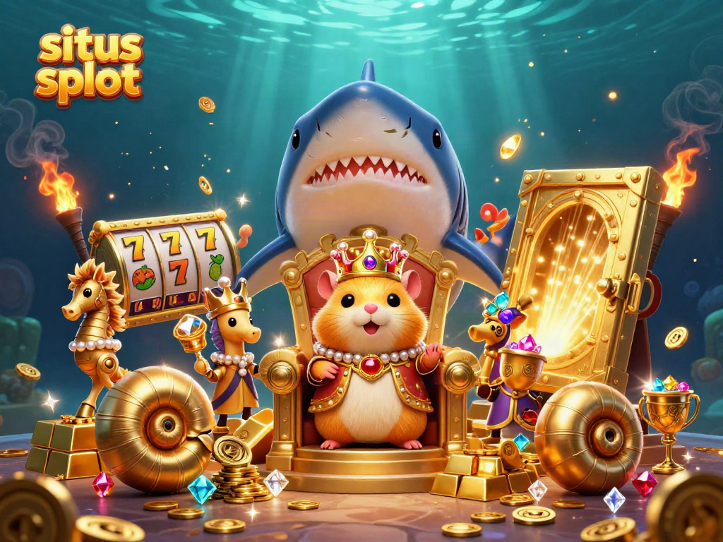 Situs slot themed illustration with a golden hamster king and treasure elements in an underwater casino