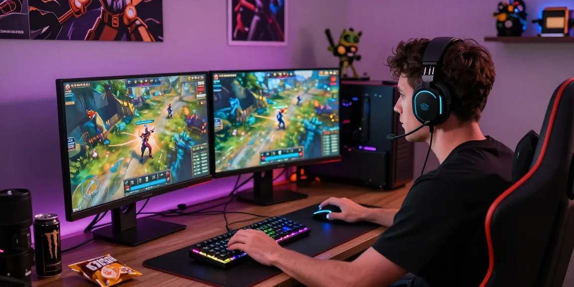Gamer beraksi dalam permainan terjun4d dengan fokus di layar dan pencahayaan RGB.